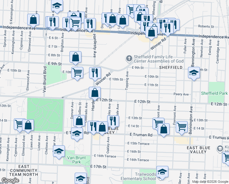 map of restaurants, bars, coffee shops, grocery stores, and more near 5604 East 11 Street in Kansas City