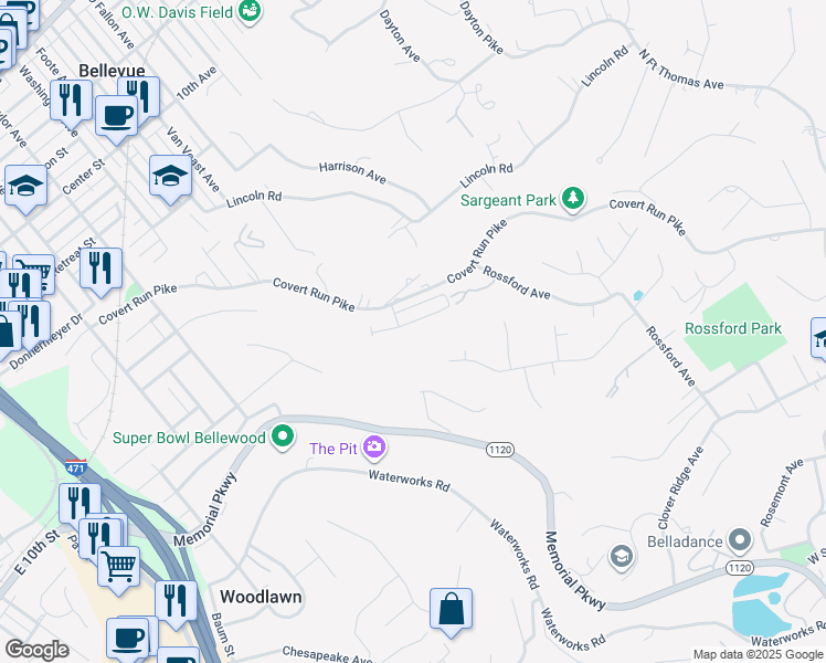 map of restaurants, bars, coffee shops, grocery stores, and more near 724 Covert Run Pike in Bellevue