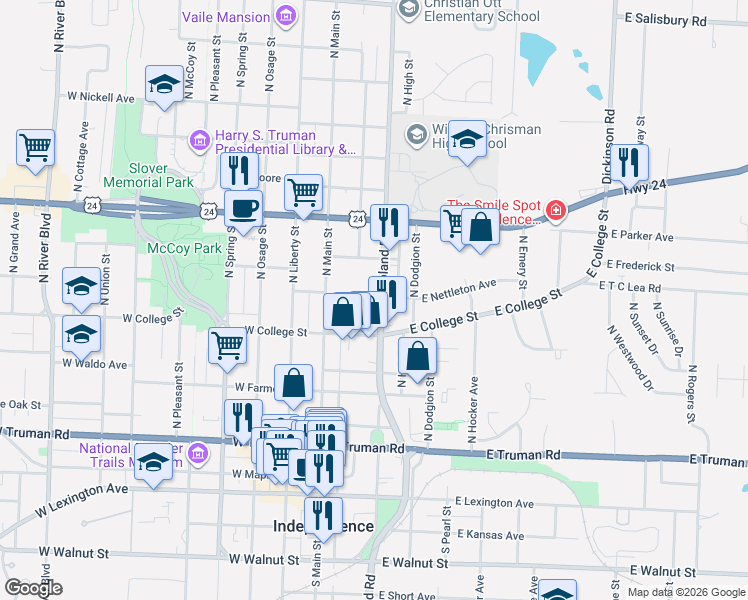 map of restaurants, bars, coffee shops, grocery stores, and more near 800 North Noland Road in Independence