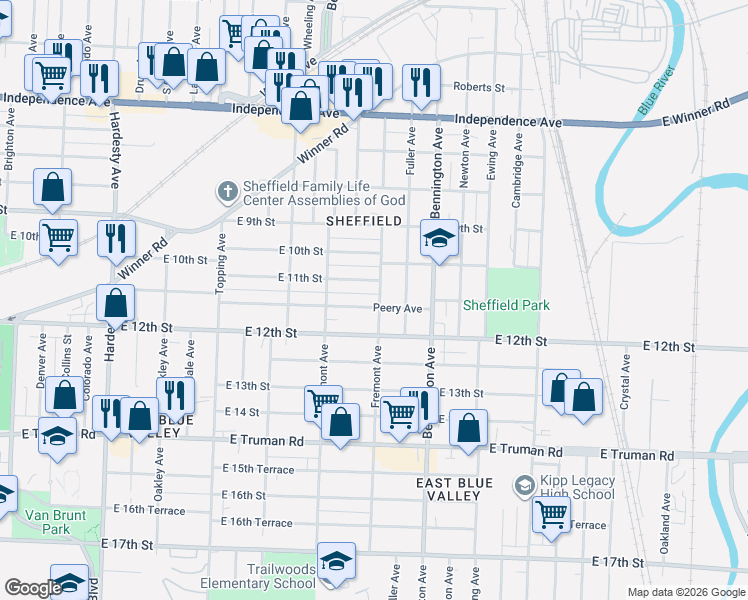 map of restaurants, bars, coffee shops, grocery stores, and more near 1111 Fremont Avenue in Kansas City