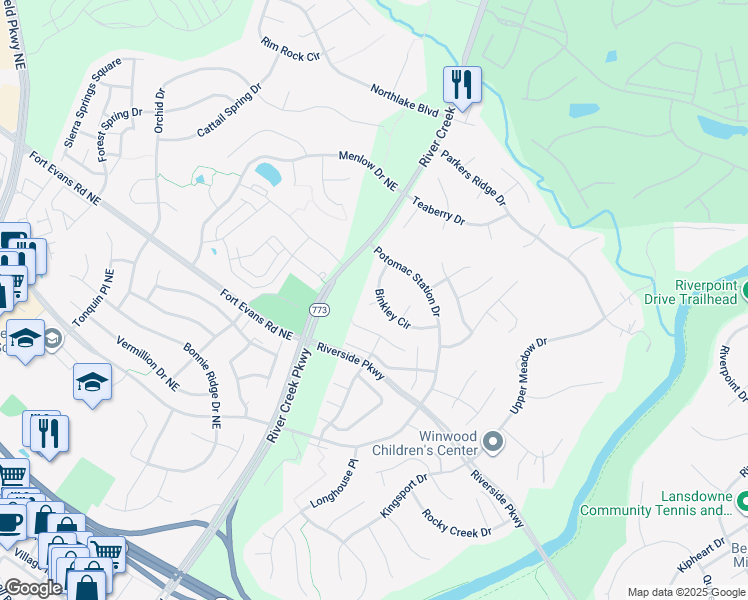 map of restaurants, bars, coffee shops, grocery stores, and more near 43109 Binkley Circle in Leesburg