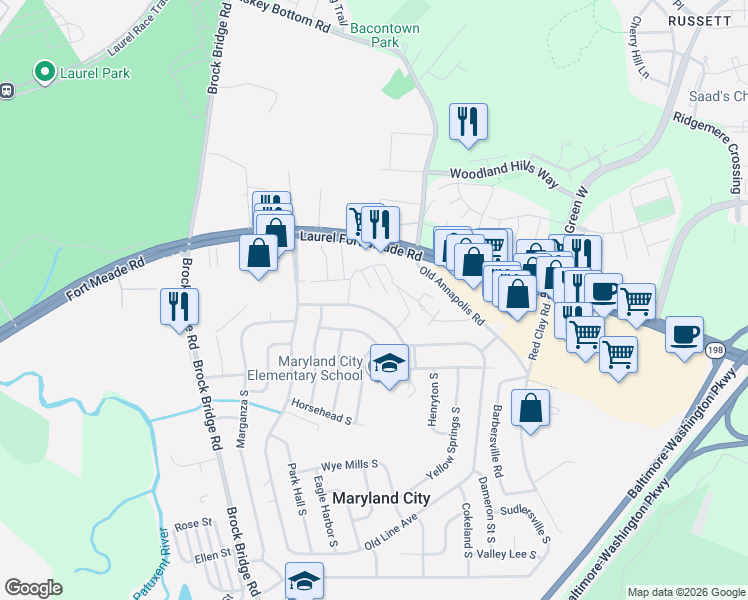 map of restaurants, bars, coffee shops, grocery stores, and more near 3372 Old Line Avenue in Laurel