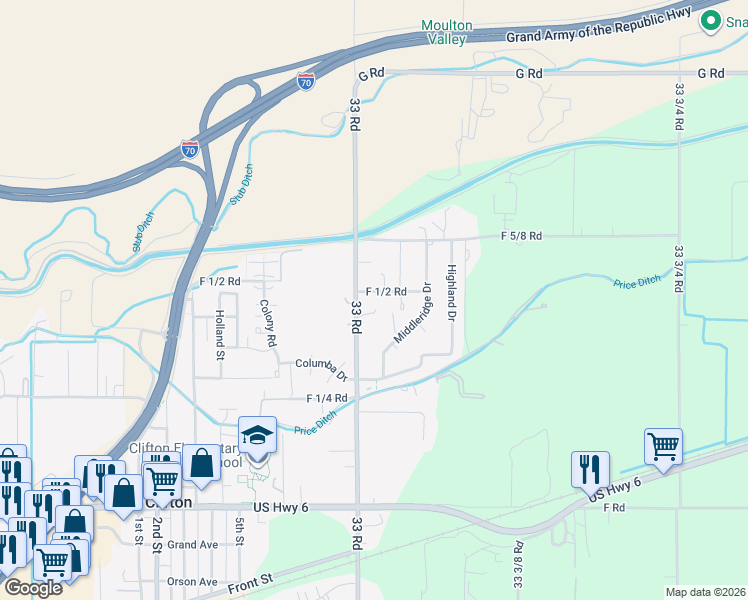map of restaurants, bars, coffee shops, grocery stores, and more near 3306-3398 F 1/2 Rd in Clifton