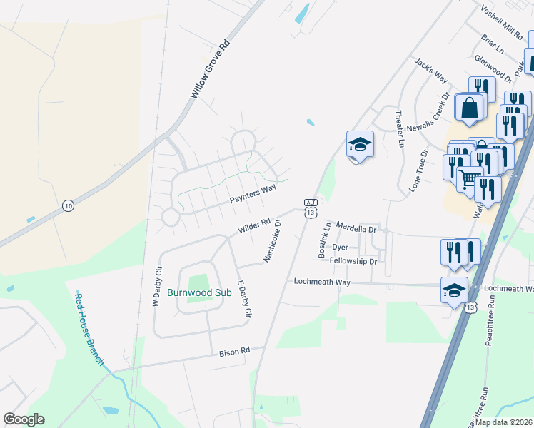 map of restaurants, bars, coffee shops, grocery stores, and more near 33 Wilder Road in Dover