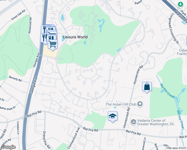 map of restaurants, bars, coffee shops, grocery stores, and more near 3362 Gleneagles Drive in Silver Spring