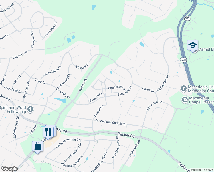 map of restaurants, bars, coffee shops, grocery stores, and more near 210 London Downs Circle in Stephens City