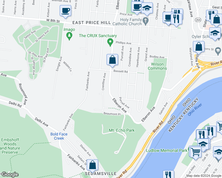 map of restaurants, bars, coffee shops, grocery stores, and more near 430 Elberon Avenue in Cincinnati