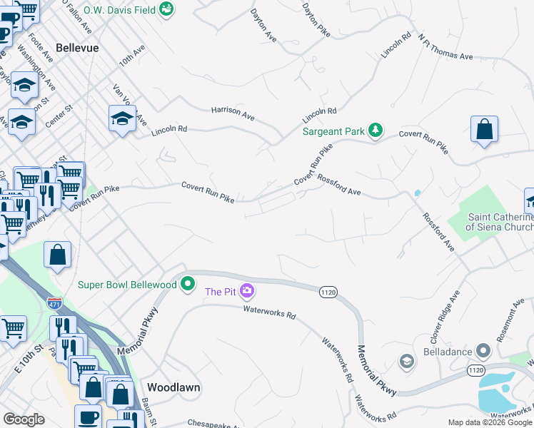 map of restaurants, bars, coffee shops, grocery stores, and more near 724 Covert Run Pike in Bellevue