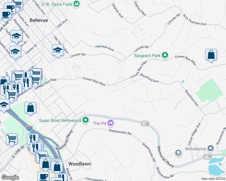 map of restaurants, bars, coffee shops, grocery stores, and more near 724 Covert Run Pike in Bellevue