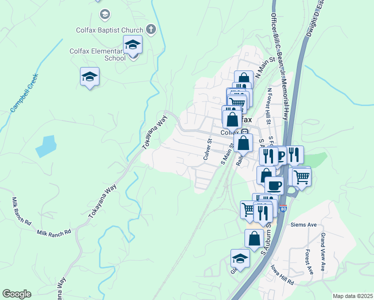 map of restaurants, bars, coffee shops, grocery stores, and more near 235 Scholtz Avenue in Colfax