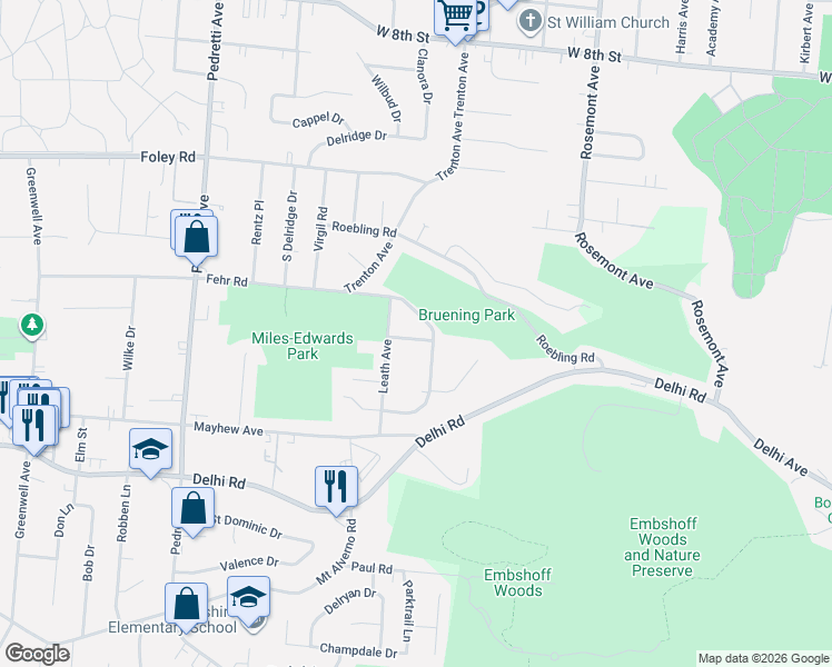 map of restaurants, bars, coffee shops, grocery stores, and more near 4235 Fehr Road in Cincinnati
