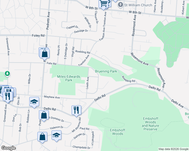 map of restaurants, bars, coffee shops, grocery stores, and more near 4235 Fehr Road in Cincinnati