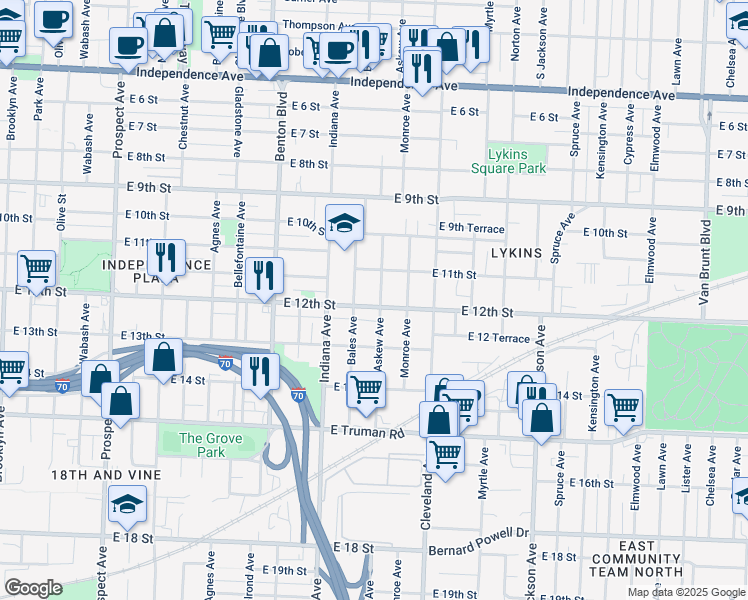 map of restaurants, bars, coffee shops, grocery stores, and more near 1115 Bales Avenue in Kansas City