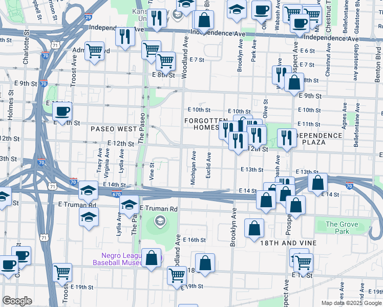 map of restaurants, bars, coffee shops, grocery stores, and more near 1205 Michigan Avenue in Kansas City