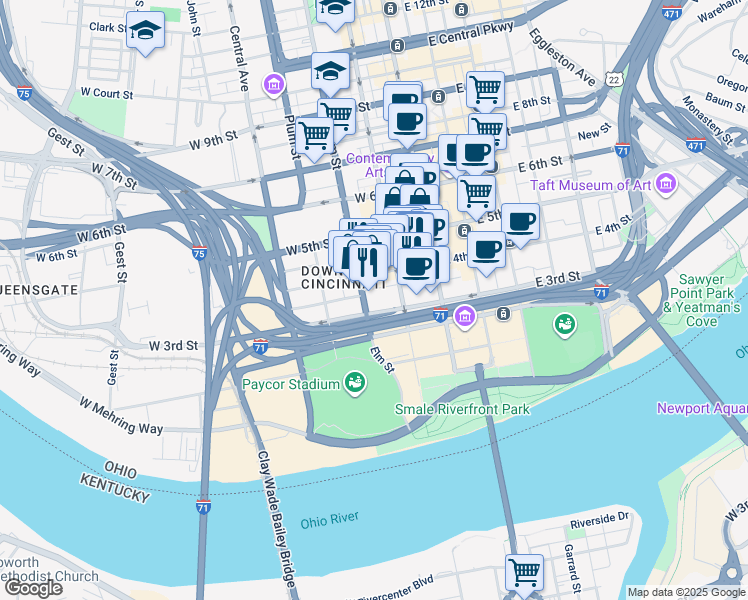 map of restaurants, bars, coffee shops, grocery stores, and more near 321 Race Street in Cincinnati