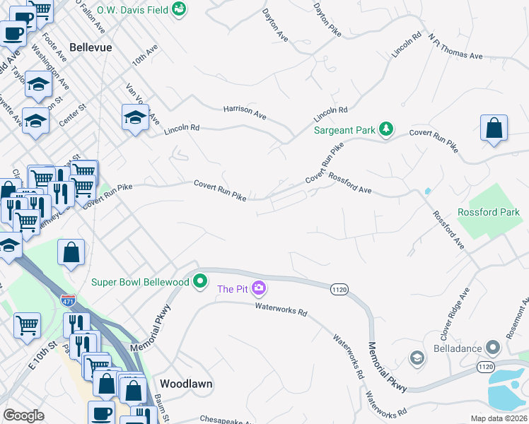 map of restaurants, bars, coffee shops, grocery stores, and more near 724 Covert Run Pike in Bellevue