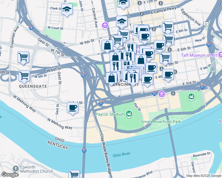 map of restaurants, bars, coffee shops, grocery stores, and more near 353 West 4th Street in Cincinnati