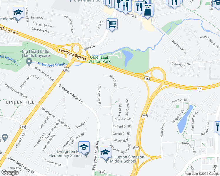 map of restaurants, bars, coffee shops, grocery stores, and more near 240 Mindy Court Southeast in Leesburg