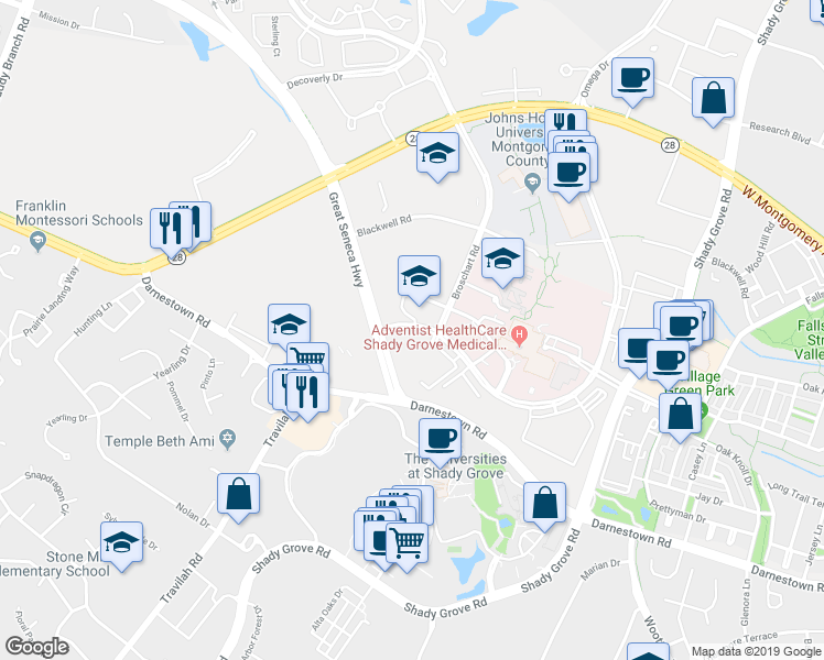 map of restaurants, bars, coffee shops, grocery stores, and more near 10097 Medical Center Drive in Rockville