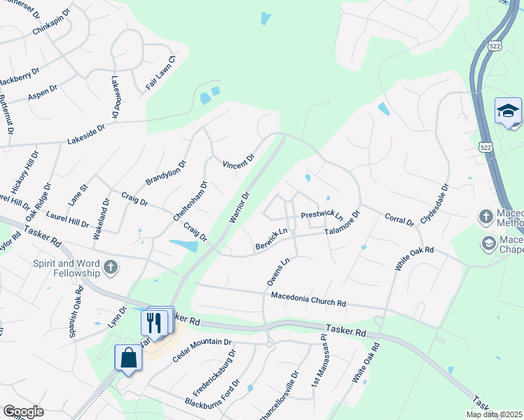 map of restaurants, bars, coffee shops, grocery stores, and more near 303 Quinton Oaks Circle in Stephens City