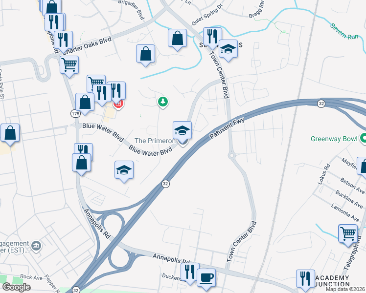 map of restaurants, bars, coffee shops, grocery stores, and more near 205 Talford Court in Odenton