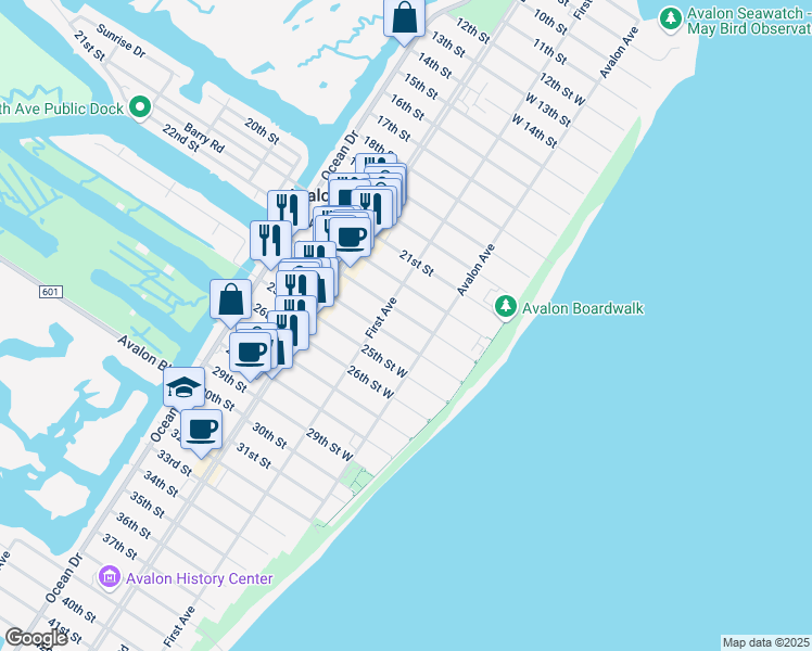 map of restaurants, bars, coffee shops, grocery stores, and more near 64 23rd Street in Avalon