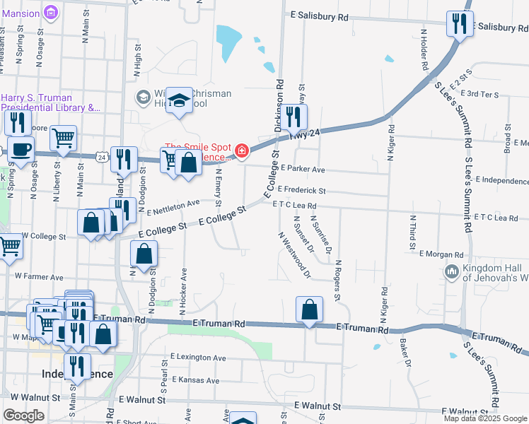 map of restaurants, bars, coffee shops, grocery stores, and more near 801 East College Street in Independence