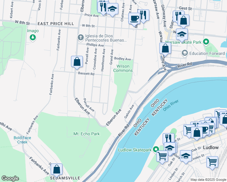 map of restaurants, bars, coffee shops, grocery stores, and more near 444 Grand Avenue in Cincinnati