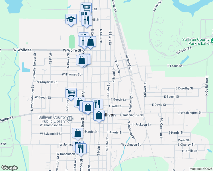 map of restaurants, bars, coffee shops, grocery stores, and more near 2-20 E Cochran St in Sullivan