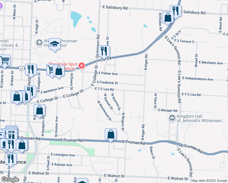 map of restaurants, bars, coffee shops, grocery stores, and more near 731 North Sunrise Drive in Independence