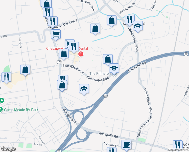 map of restaurants, bars, coffee shops, grocery stores, and more near 306 Gatehouse Lane in Odenton