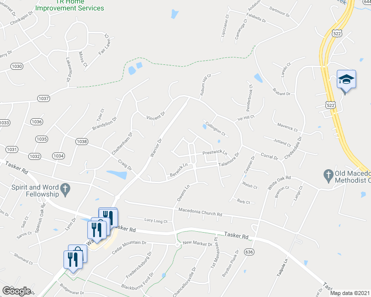 map of restaurants, bars, coffee shops, grocery stores, and more near 302 London Downs Circle in Stephens City