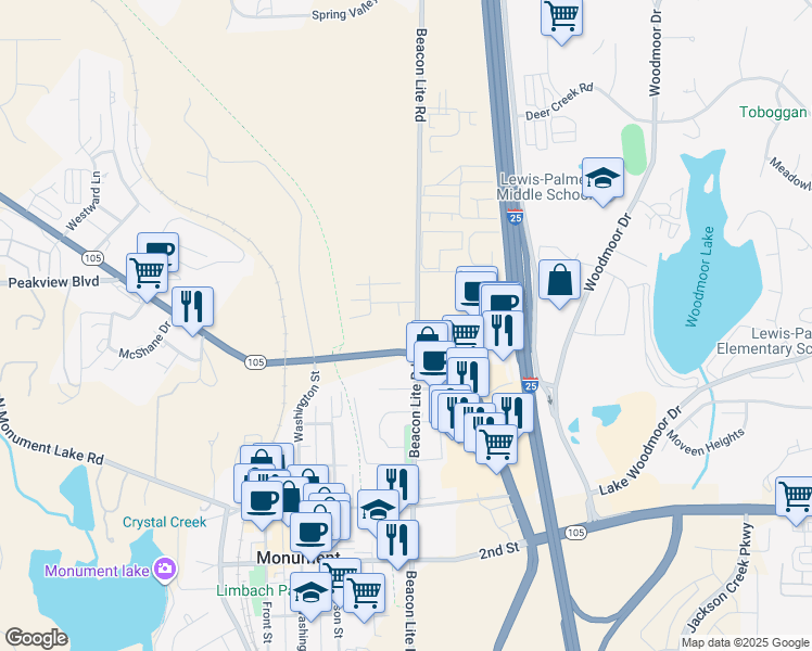 map of restaurants, bars, coffee shops, grocery stores, and more near 756 Century Place in Monument
