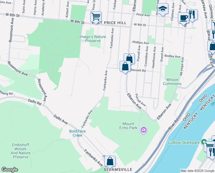 map of restaurants, bars, coffee shops, grocery stores, and more near 514 Fairbanks Avenue in Cincinnati