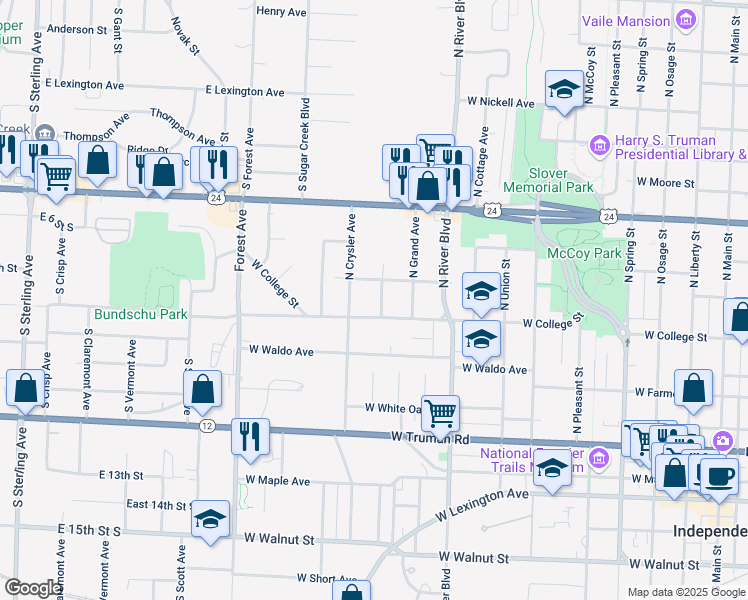 map of restaurants, bars, coffee shops, grocery stores, and more near 717 North Crysler Avenue in Independence