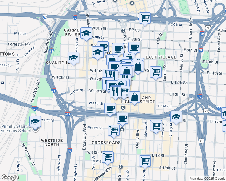 map of restaurants, bars, coffee shops, grocery stores, and more near 1221 Baltimore Avenue in Kansas City