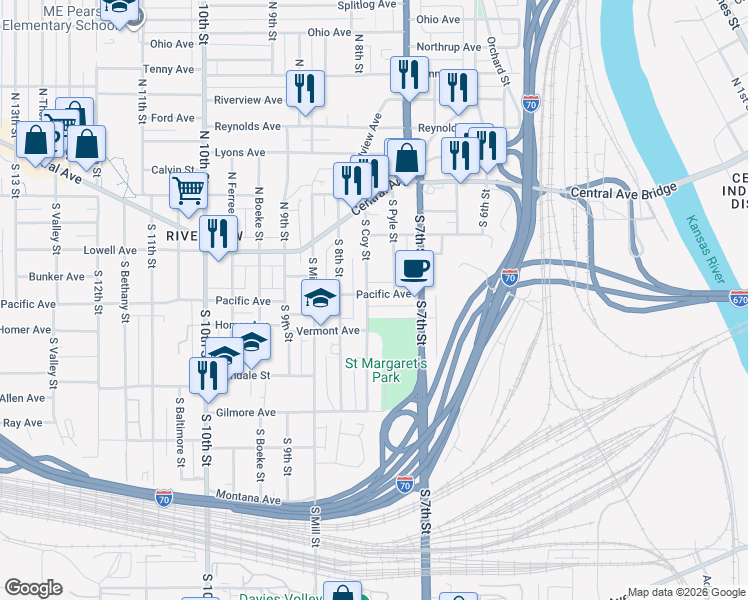 map of restaurants, bars, coffee shops, grocery stores, and more near 727 Pacific Avenue in Kansas City
