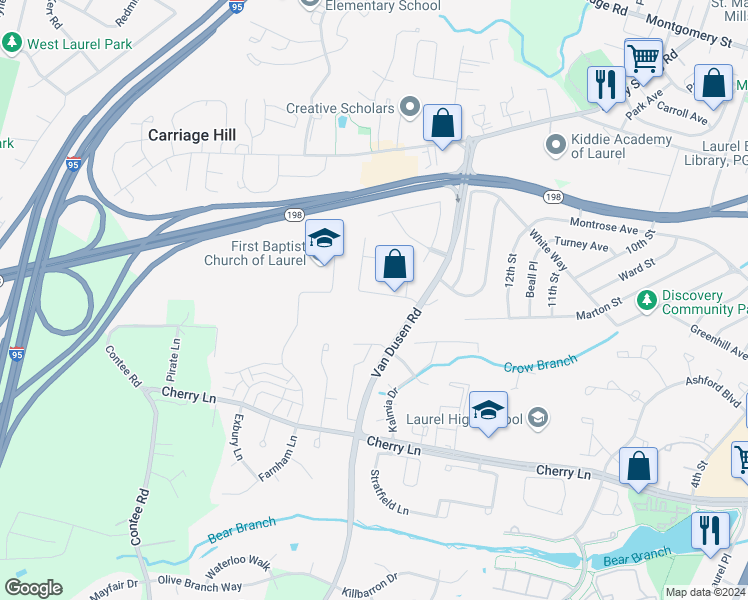 map of restaurants, bars, coffee shops, grocery stores, and more near 7629 South Arbory Lane in Laurel