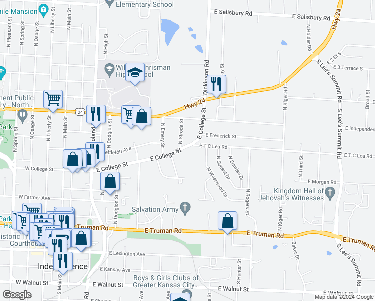map of restaurants, bars, coffee shops, grocery stores, and more near 719 East College Street in Independence
