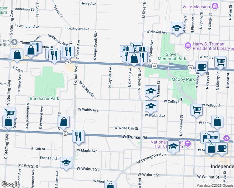 map of restaurants, bars, coffee shops, grocery stores, and more near 717 North Crysler Avenue in Independence