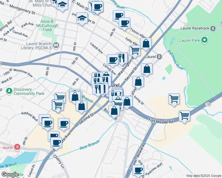 map of restaurants, bars, coffee shops, grocery stores, and more near 608 Washington Boulevard in Laurel