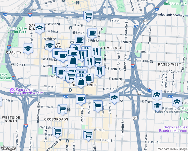 map of restaurants, bars, coffee shops, grocery stores, and more near 1200 Oak Street in Kansas City
