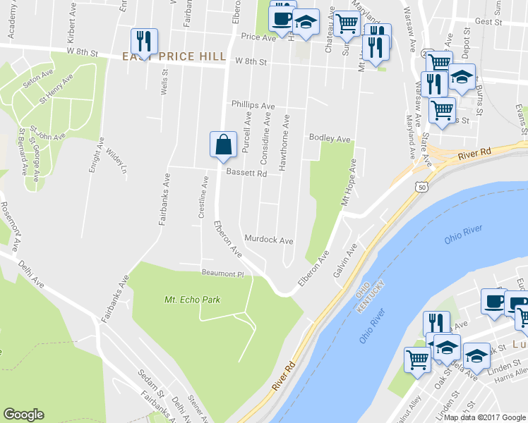 map of restaurants, bars, coffee shops, grocery stores, and more near 436 Considine Avenue in Cincinnati