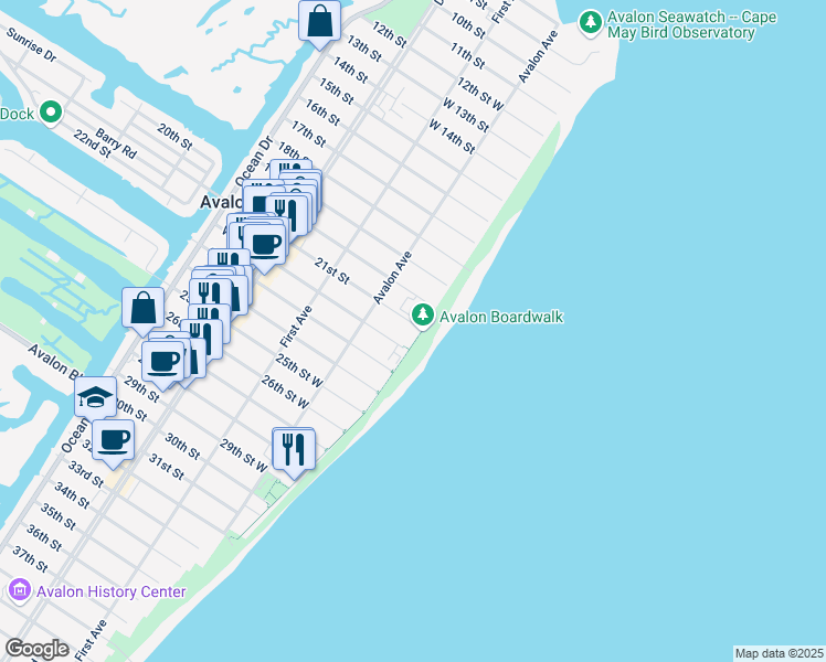 map of restaurants, bars, coffee shops, grocery stores, and more near 94 East 21st Street in Avalon