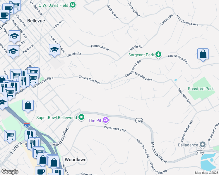 map of restaurants, bars, coffee shops, grocery stores, and more near 724 Covert Run Pike in Bellevue