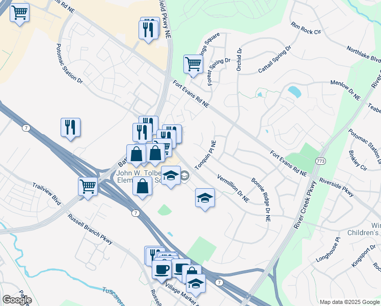 map of restaurants, bars, coffee shops, grocery stores, and more near 758 Hardy Court Northeast in Leesburg