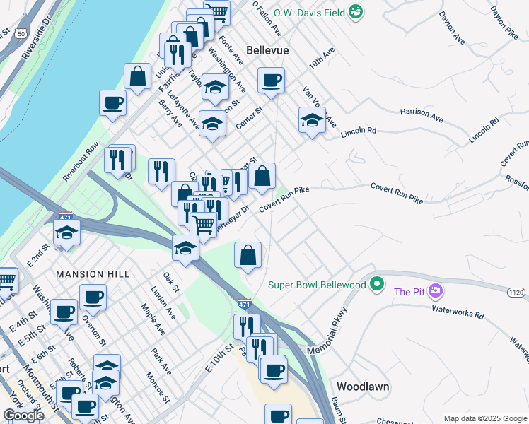 map of restaurants, bars, coffee shops, grocery stores, and more near 186 Covert Run Pike in Bellevue