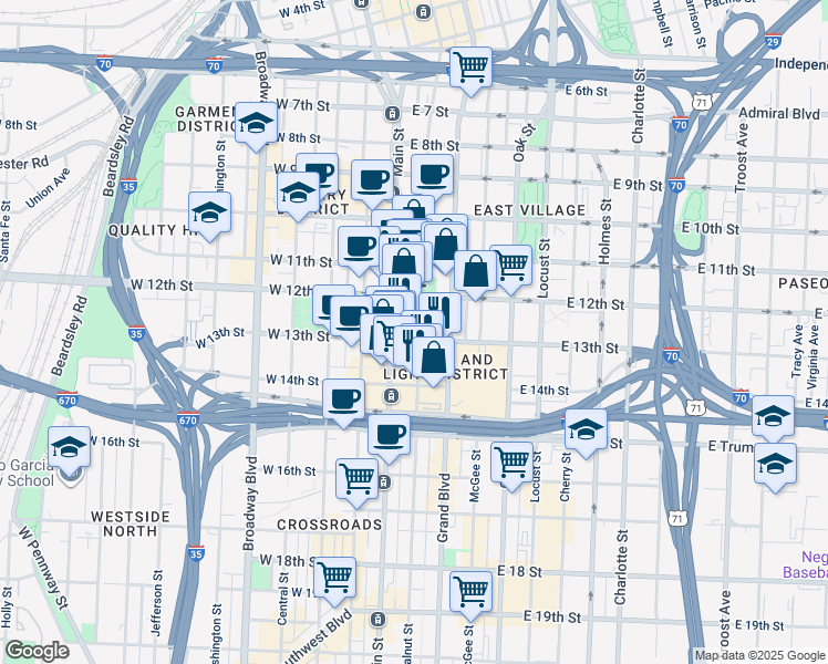 map of restaurants, bars, coffee shops, grocery stores, and more near 50 East 13th Street in Kansas City