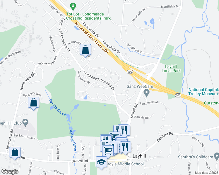 map of restaurants, bars, coffee shops, grocery stores, and more near 14800 Rose Trellis Place in Silver Spring