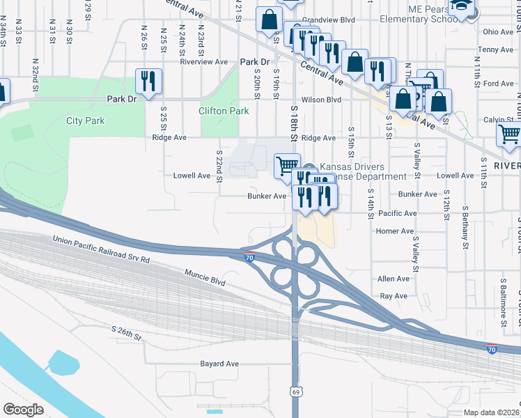 map of restaurants, bars, coffee shops, grocery stores, and more near 1844 Pacific Avenue in Kansas City